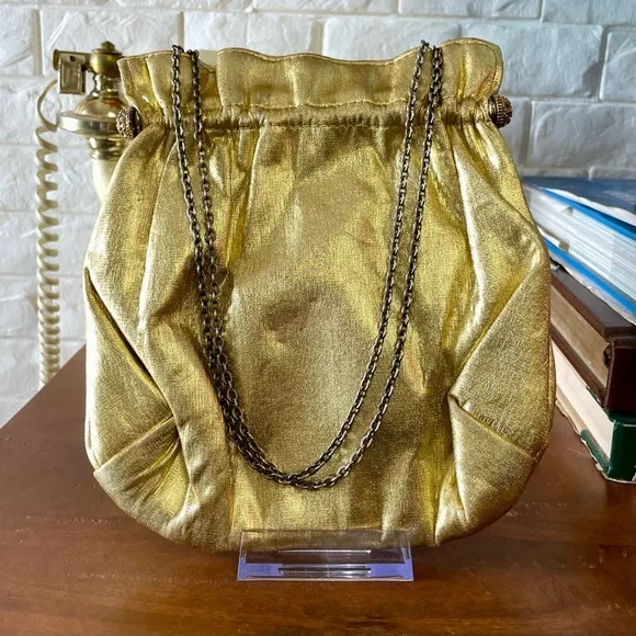 Vintage 1940s 50s Metallic Gold Fabric Slouch Bag Rhinestone Gold Tone Clasps - Picture 2 of 14